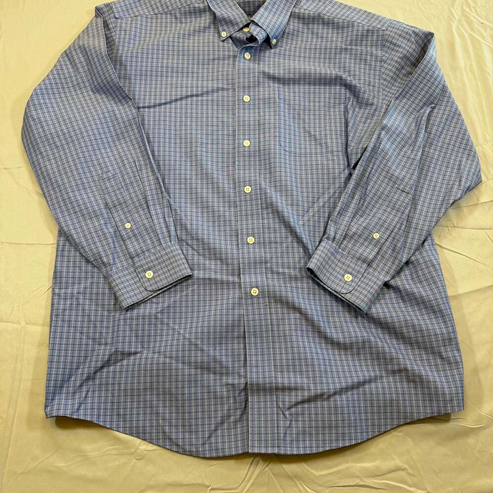 LL BEAN Wrinkle Free Traditional Fit Button Down Shirt Blue Checks Mens 17-33
